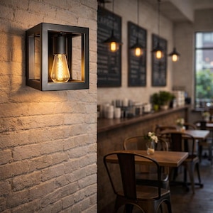 May include: A black, square-framed wall sconce with a warm, glowing Edison bulb. The light fixture is mounted on a textured, light-colored brick wall. The background shows a cafe setting with tables, chairs, and hanging pendant lights.