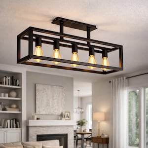 May include: A black, rectangular ceiling light fitting with five exposed Edison-style bulbs. The fixture has a geometric, open-frame design. The bulbs emit a warm, yellow glow, creating a cosy ambiance in the room.