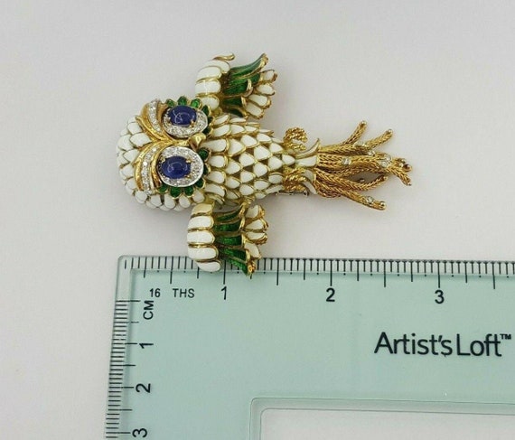 Vintage Diamond Sapphire Enamel Owl Brooch 49.7 G… - image 5