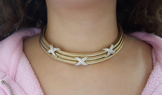 14k Gold Triple Cable Choker "X" Diamond Necklace… - image 2