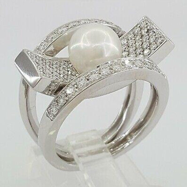 Akoya Pearl & Round Cut Diamond Statement Ring 8.5mm 1.16 Ct 18k White Gold 5k