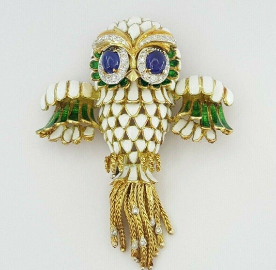 Vintage Diamond Sapphire Enamel Owl Brooch 49.7 G… - image 1