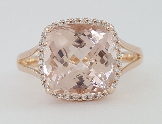Empire Cushion Pink Morganite & Diamond Halo Ring… - image 1