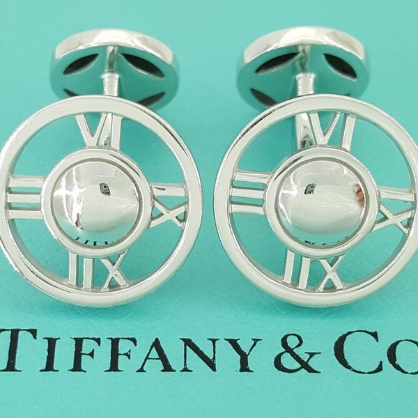 Tiffany & Co Atlas Roman Numerals Round Cufflinks 18k White Gold Italy 14 Grams