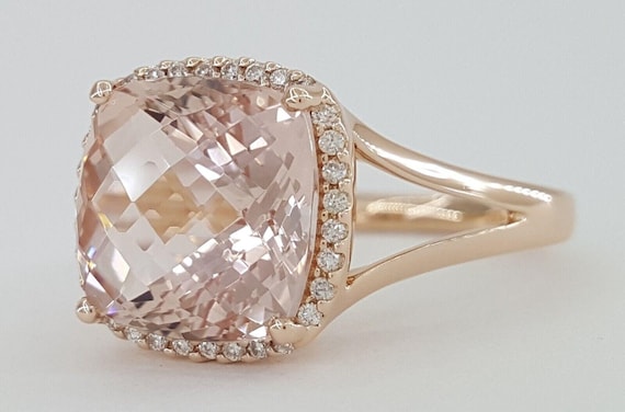 Empire Cushion Pink Morganite & Diamond Halo Ring… - image 5