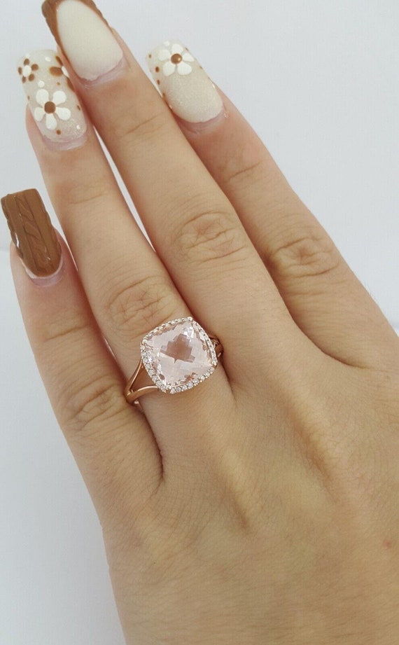 Empire Cushion Pink Morganite & Diamond Halo Ring… - image 4