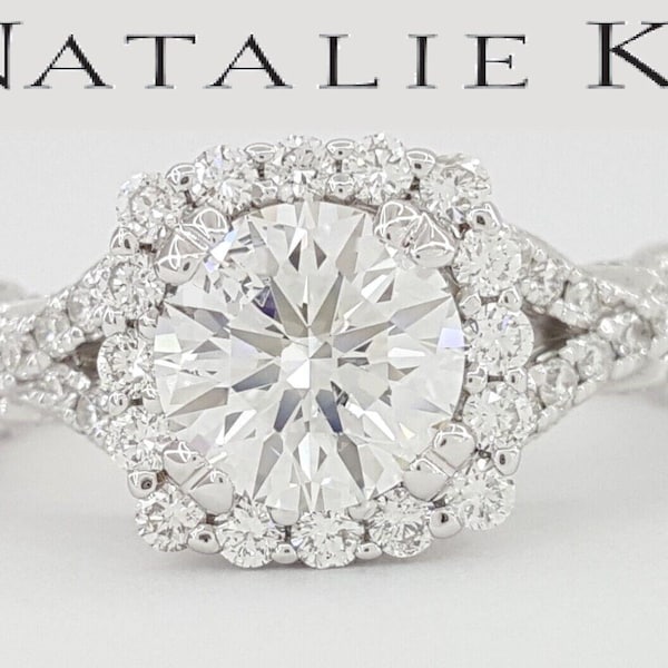 Natalie K Tolkowski Ideal Round Diamond Halo Crossover Engagement Ring 1.65 Ct