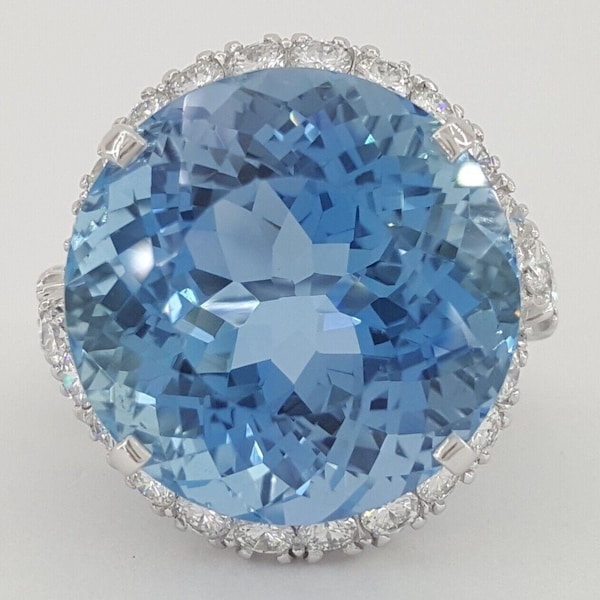 Raymond Yard Aquamarine & Diamond Halo Platinum Statement Cocktail Ring 29.4 CTW