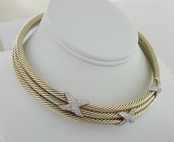 14k Gold Triple Cable Choker "X" Diamond Necklace… - image 3