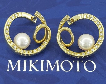 Mikimoto 18k Yellow Gold 7.5mm Akoya Pearl 0.9 Ct Diamonds Circle Loop Earrings