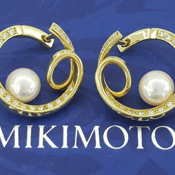 Mikimoto 18k Yellow Gold 7.5mm Akoya Pearl 0.9 Ct Diamonds Circle Loop Earrings