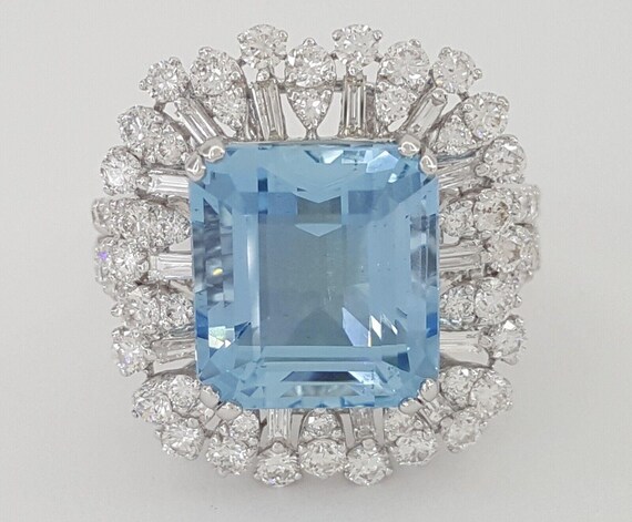 Emerald Cut Aquamarine Round & Baguette Diamond 8… - image 1