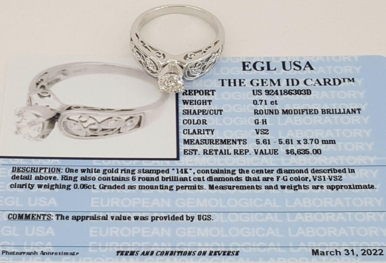 0.77 Ct 14k White Gold Round Cut Diamond Engagement Ring Egl RTL 6,635