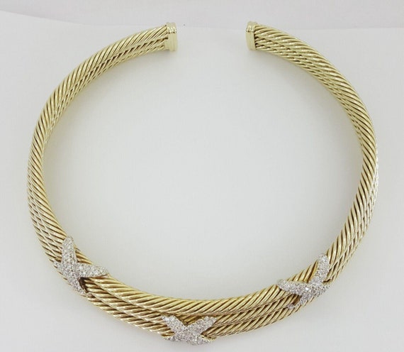 14k Gold Triple Cable Choker "X" Diamond Necklace… - image 5