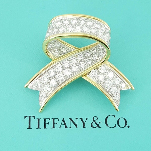 Vintage Tiffany & Co Diamond Bow Ribbon Brooch Pin Pendant 18k  Platinum 2.88 Ct