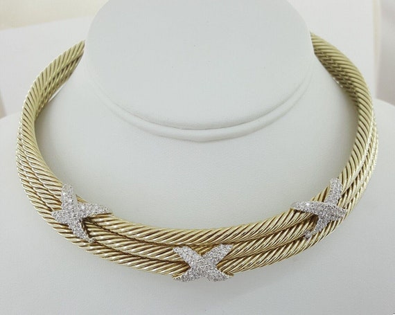 14k Gold Triple Cable Choker "X" Diamond Necklace… - image 1