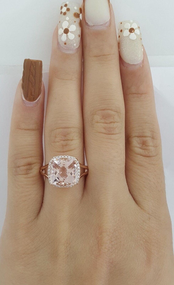 Empire Cushion Pink Morganite & Diamond Halo Ring… - image 2