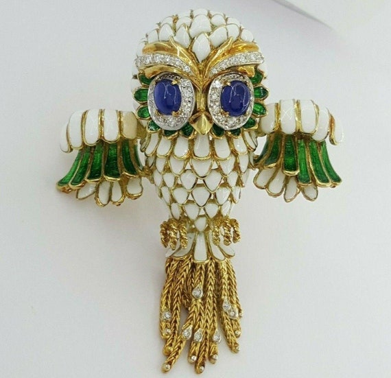 Vintage Diamond Sapphire Enamel Owl Brooch 49.7 G… - image 7