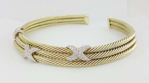 14k Gold Triple Cable Choker "X" Diamond Necklace… - image 4