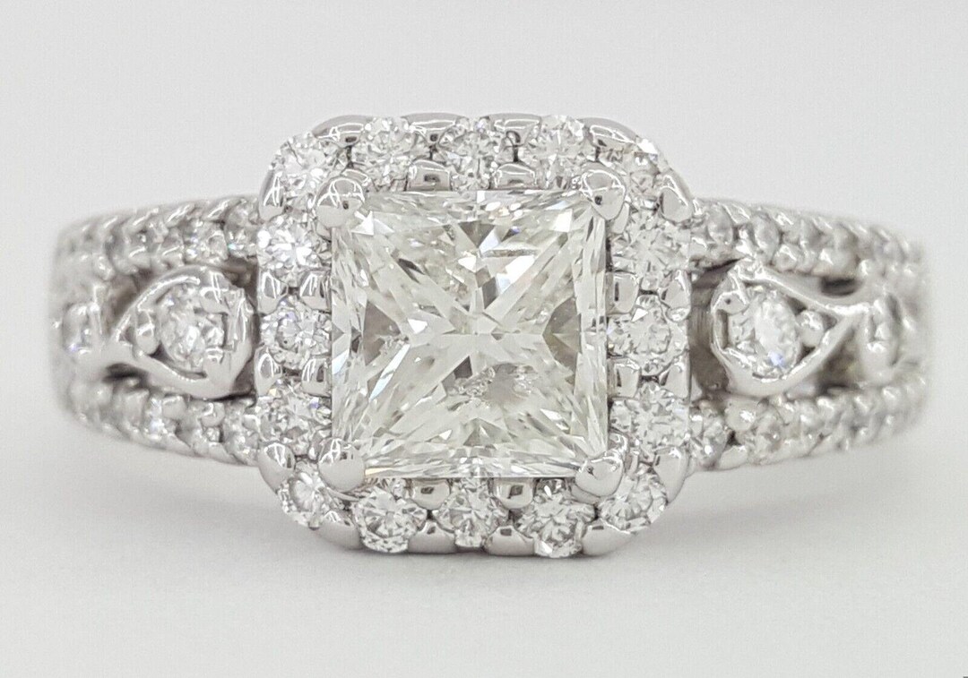 Princess Cut Halo Diamond Engagement Ring in 14k White Gold 1.58 Ct ...