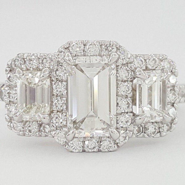 Emerald Cut Diamond Halo 3 Stone Engagement Ring 14k W Gold 1.63 Ct Gia RTL 10k