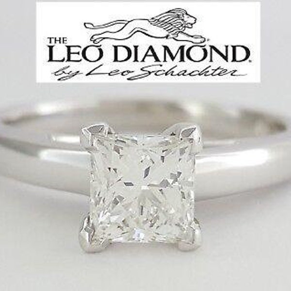 Leo Princess Diamond Solitaire Engagement Ring 0.97 Ct 14k & Platinum E / Si2