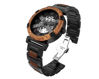 LEUCHTBOX Premium Edelholz Uhr Automatik Herren Skelettuhr Mechanische Armbanduhr Edelstahlgehäuse Verstellbares Armband ATM 3 X-Series