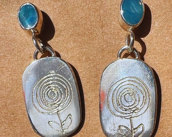 Opal Drop Earrings with Abstract Flower Engraving