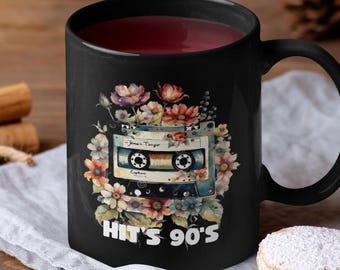 Retro Music Black Mug, Nostalgic 90's Coffee Cups, Vintage Spotify Mug, Floral Design Gift, Birthday Gift, Vintage Aesthetic, Music Lovers