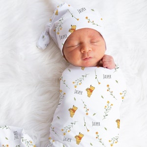 Personalized Winnie Pooh Baby Swaddle Set Toddler Christmas Blanket Classic Pooh Newborn Outfit Custom Name Shower Gift Diaper Bag Pooh Bear