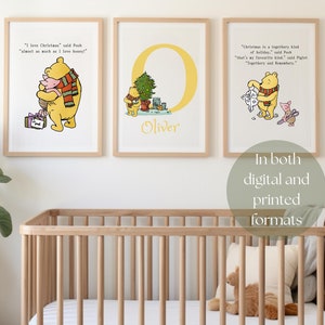 Weihnachten Winnie Puuh Kinderzimmer Print Set Individueller Baby Name Kinderzimmer Kunst klassisches Pooh personalisiertes Poster Zitat Weihnachten Kinderzimmer-Wanddekor