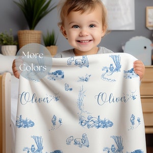 Personalized Name Baby Blanket Blue Nursery Decor Neutral Baby Swaddle Blanket Baby Girl Swaddle Toile Pooh  Baby Room Decor Custom Blanket