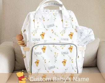 Classic Winnie Pooh Diaper Backpack Baby Shower Gift New Mom Bag Pooh Bear Swaddle Set Blanket Newborn Outfit Personalized Welcome Baby Gift