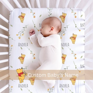 Crib Sheet Personalized Winnie Pooh Nursery Decor Baby Swaddle Set Outfit Receiving Blanket Classic Pooh Custom Name Baby Shower Gift Crib