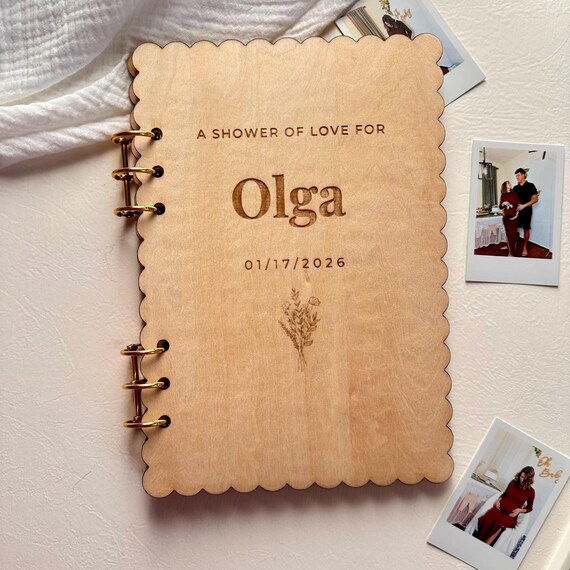 Personalized Baby Shower Guest Book Wooden Keepsake Scallop Journal for New Mom Custom Engraved Memory Book Baby Shower Gift