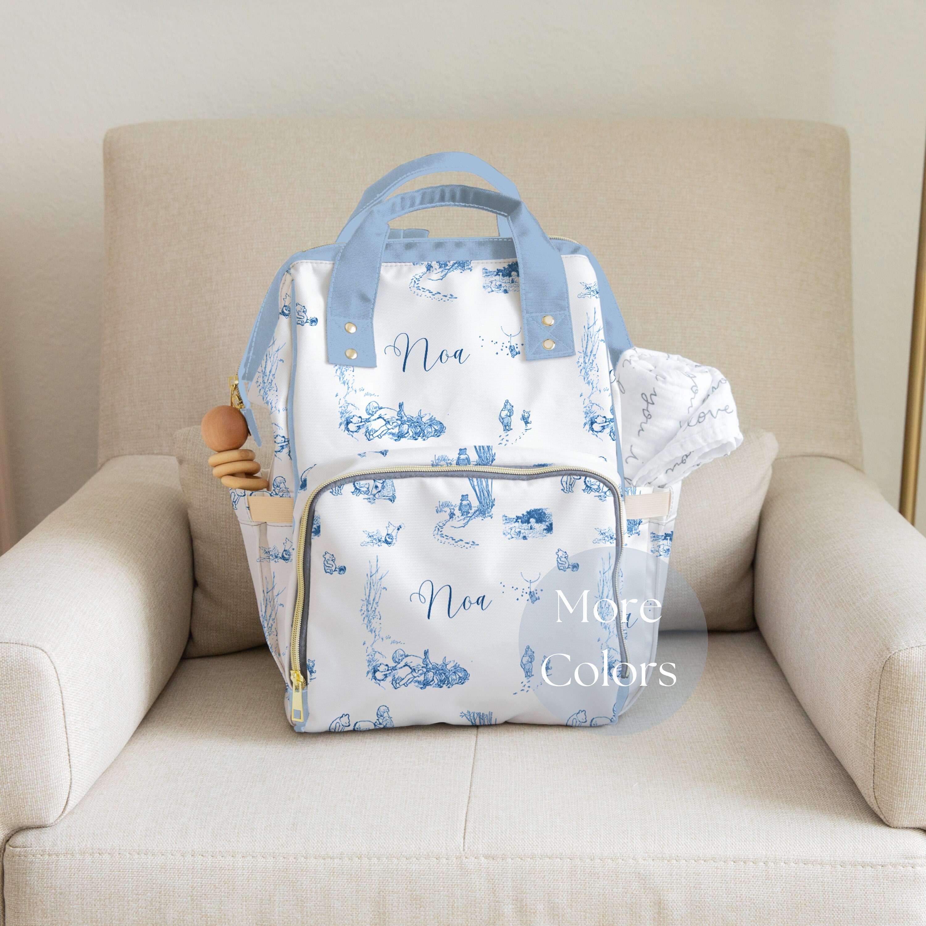 New Mom Diaper Backpack Blue French Toile Nursery Decor Classic Winnie Pooh Baby Shower Gift Bag Pooh Name Blanket Personalized Welcome Baby
