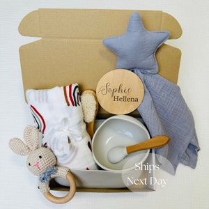 Personalized Baby Gift Set: Engraved Wood Name Sign, Crochet Rattle