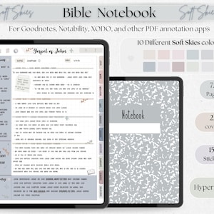 May include: Digital Bible Notebook with the text "Bible Notebook" and "Soft Skies". The notebook is designed for Goodnotes, Notability, XODO, and other PDF annotation apps. Includes 72 pages, 22 covers, 153 stickers, and is hyperlinked.