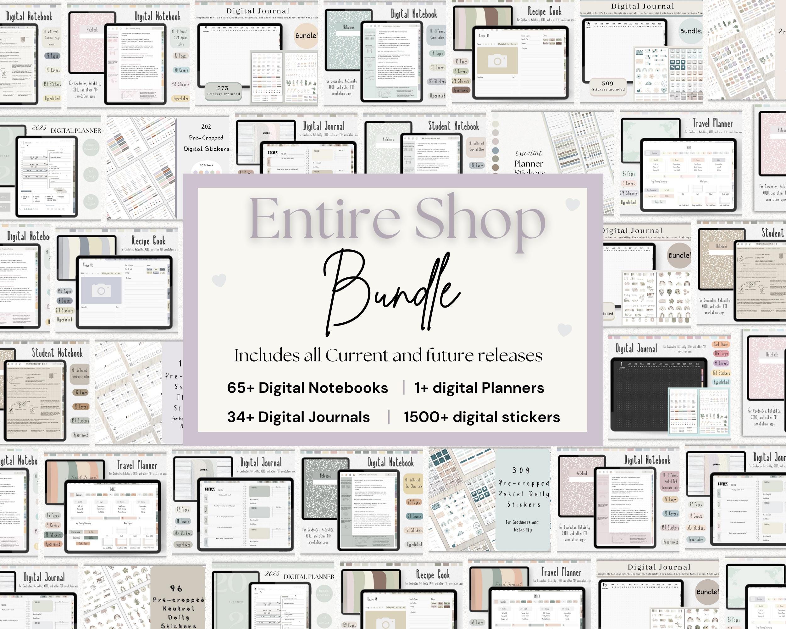 digital planner journal note templates and stickers all in one whole shop bundle lifetime access compatible with goodnotes notability