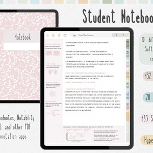 Op de afbeelding: Een roze en wit studenten notitieboek met een digitale tablet die open is op een pagina met tekst over neerslagverharding. Het notitieboek heeft 132 pagina's, 20 omslagen, 153 stickers en is hyperlinked. De tekst op de tablet luidt "De versterking van metalen kan worden bereikt door verschillende mechanismen."