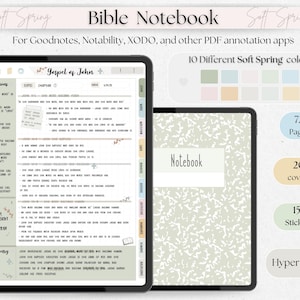 May include: Digital Bible Notebook for Goodnotes, Notability, and other PDF annotation apps. Features 10 soft spring colors, 72 pages, 20 covers, 153 stickers, and is hyperlinked. The notebook is displayed on a tablet.