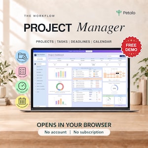 Puede incluir: Una pantalla de portátil muestra el panel de control The Workflow Project Manager con seguimiento de proyectos, tareas, plazos y calendario. El texto incluye "THE WORKFLOW PROJECT MANAGER", "FREE DEMO" y "OPENS IN YOUR BROWSER. No account | No subscription".