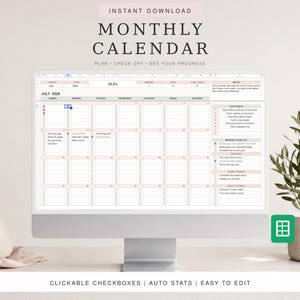 Monthly Calendar Google Sheets Template, Digital Planner with Clickable Checkboxes and Automatic Progress Tracker