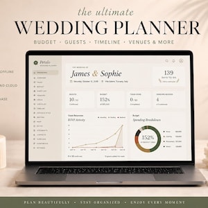 May include: A laptop displaying the Petalo wedding planner software interface, featuring a dashboard with budget, guest, and timeline modules. The screen shows text including The Ultimate Wedding Planner, James & Sophie, and various data charts.