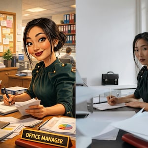 以下が含まれることがあります： オフィスシーン。濃い緑色のトップスを着た女性が机で執筆しています。机には書類、ラップトップ、そして「Office Manager」のネームプレートがあります。掲示板とバインダーの棚が背景にあります。