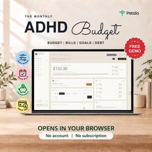 Könnte beinhalten: Ein Laptop zeigt die Benutzeroberfläche The Monthly ADHD Budget mit Bereichen für Budget, Rechnungen, Ziele und Schulden. Der Bildschirm zeigt ein Dashboard mit einem Kontostand von 133,20 $. Vier kreisförmige Symbole verfolgen Budget, Rechnungen und Ziele.