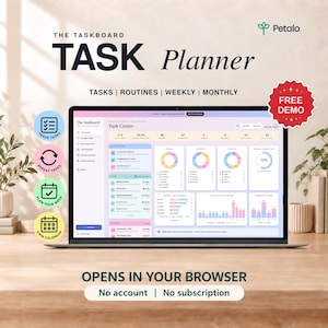 Pode incluir: Uma tela de laptop exibindo a interface do The Taskboard Task Planner com um painel Task Center contendo gráficos coloridos, barras de progresso e listas de tarefas. O texto diz The Taskboard Task Planner, Tasks, Routines, Weekly, Monthly e Free Demo.