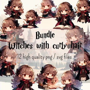 Collection de 12 Clipart mignons dans un style chibi de sorcières avec des cheveux bouclés à l'école de magie des sorciers