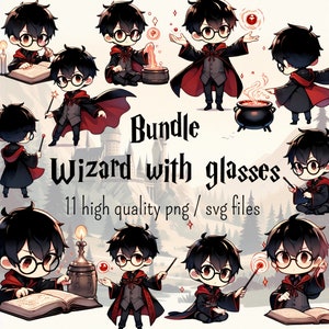 Collection de 11 Clipart mignons dans un style chibi d'un sorcier avec des lunettes à l'école de magie des sorciers