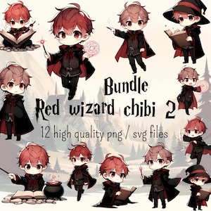 Collection de 12 Clipart mignons dans un style chibi d'un sorcier roux à l'école de magie des sorciers